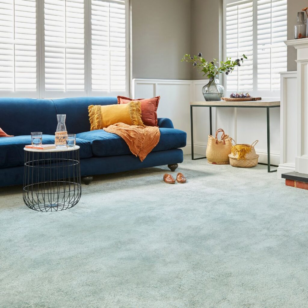 Photo shows living room area with light blue carpet